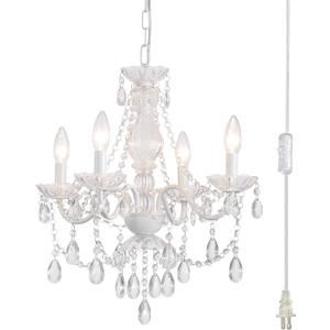 Plug in Crystal Ceramic White Chandelier, Glass Chandeliers,White crystal Hanging Pendant Light with Clear Cord and On/Off, 4 Light Crystal Chandelier for wedding, Kitchen, Dining,Foyer, Mini room
