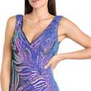 R&M Richards Women's Sequin Feather Pattern Fitted Dress W/V-Neckline & Godet Skirt | Evening Party Cocktail Wedding Guest (Navy/Violet) 18Plus