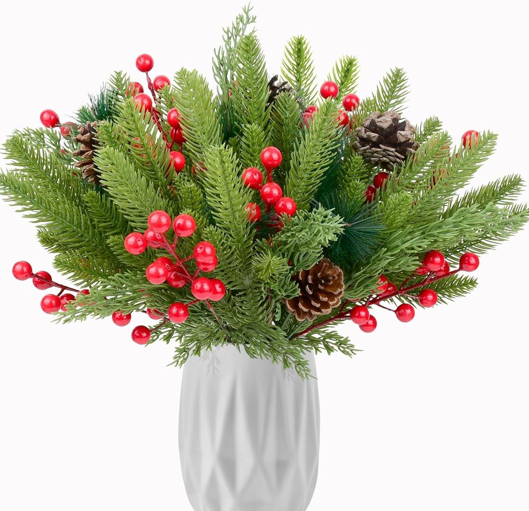 68 Pcs Christmas Artificial Pine Branch, 12 Inch Cedar Sprigs Stems with Pinecones Red Berry Needles Picks Christmas Fake Greenery for Garland Wreath DIY Holiday Decoration