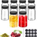 10 Pcs Glass Shot Bottles with Caps, 2oz Ginger Shots Bottles, Reusable Thick Mini Juice Shot Bottle with Label, Small Bottle, Wide Mouth Small Glass Jars with Lids for Oil Sauce (Black Lid)