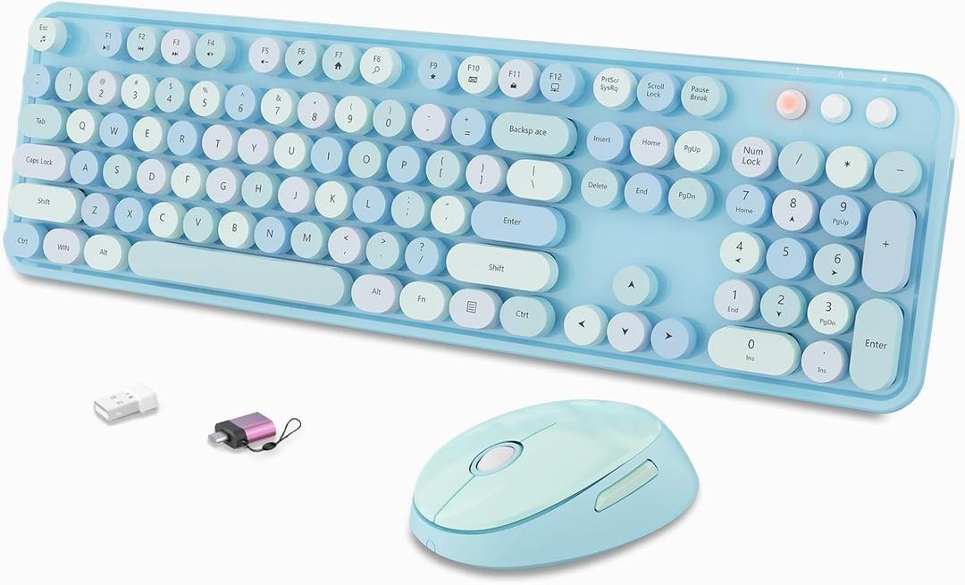 Wireless Keyboard and Mouse Combo, Ergonomic Full Size Typewriter Retro Round Keycaps Keyboard, Compatible with Windows, PC, Prefer for Home and Office Keyboards (Blue)