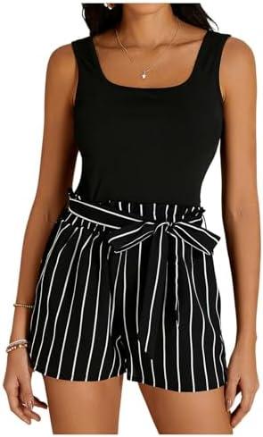 BEAUDRM Women's 2 Piece Solid Square Neck Pullover Tank Top and Floral Print Belted Shorts Sets , Size Large