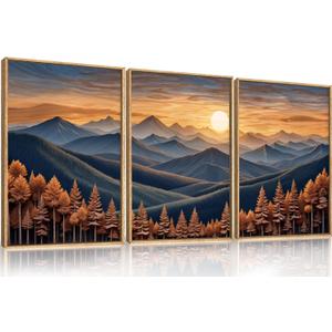 HOURIA Boho Wilderness Sunset Woodland Mountain Framed Canvas Wall Art Set,Vintage Golden Hour Forest Landscape Decor,Natural Modern Pine Tree Botanical Artwork for Living Room,Farmhouse- 16"x24"x3