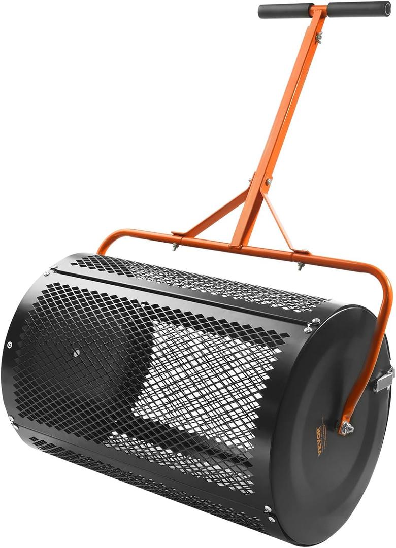 VEVOR Compost Spreader and Peat Moss Spreader, 24" Push/Tow-Behind Roller Lawn Spreader with Height Adjustable T Shaped Handle, Steel Mesh Basket Garden Spreader for Spreading Manure Topsoil, Black