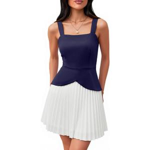 Angashion Women's Square Neck Sleeveless Mini Dress Elegant Pleated A-Line Wedding Guest Cocktail Party Dress