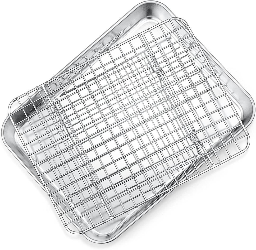P&P CHEF 9 Inch Toaster Oven Pan with Rack Set, Stainless Steel Baking Pan Tray and Grid Cooling Rack for Cooking/Roasting, Dishwasher Safe & Easy to Clean, Non-toxic & Sturdy, (2Pcs)