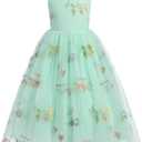 Flower Girl Dress Princess Sleeveless Floral Embroidered Kids Summer Wedding Pageant Birthday Tutu Tulle Dress (3-4T, Green)