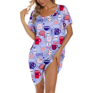 ENJOYNIGHT Womens Cotton Nightgown Short Sleeves Sleepshirt Print Nightshirt (X-Large, Purple Cup)