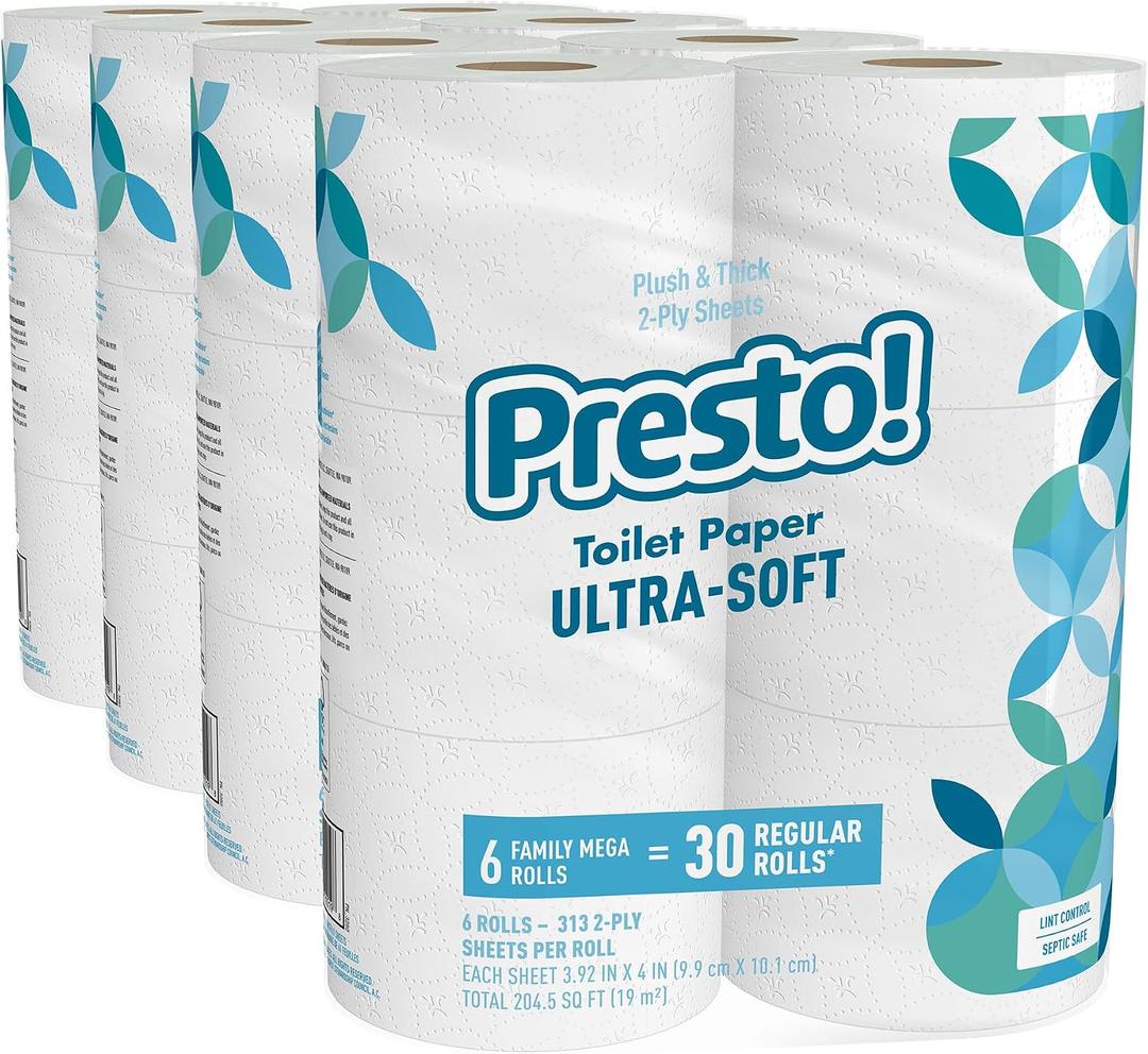 Amazon Brand - Presto! 2-Ply Ultra-Soft Toilet Paper, Septic-Safe, 24 Family Mega Rolls = 120 Regular Rolls, 308 Sheets, Unscented, Pack of 4