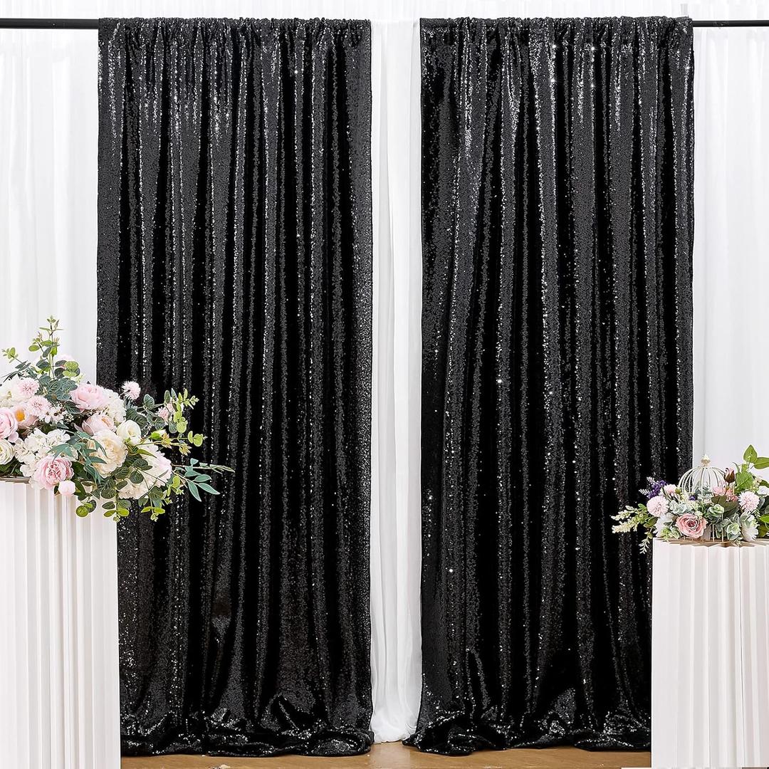B-COOL Black Sequin Backdrop Curtain Sequin Background Fabric Drapes 2 Panels 2FTx8FT Photography Backdrop for Birthday Wedding Party Stage Photo Booth Decoration