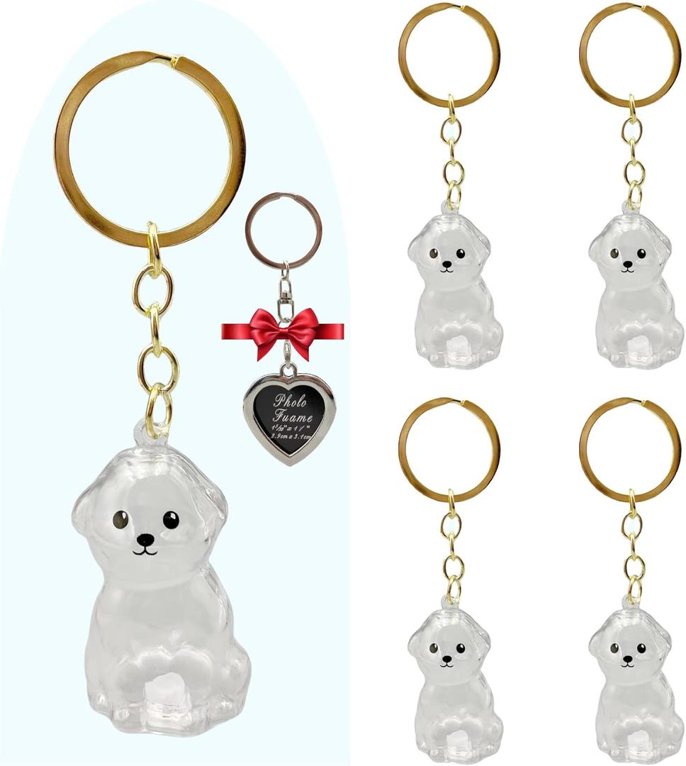 Dog Hair Storage Bottle Keychains Charm Memorial Collector Gift, Pet Fur Keepsake 5pcs with 1pcs Love Metal Photo Frame Locket Keychain (Bichon Frise)