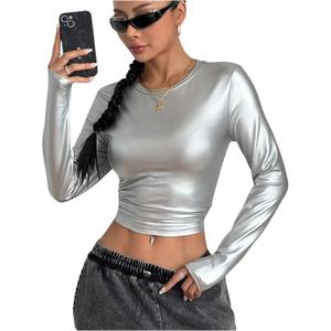 OYOANGLE Women's Metallic Long Sleeve T Shirt Crew Neck Fitted Tee Tops Y2K Going Out Tops (S)
