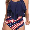 American Trends High Waisted Tankini Swimsuits for Women Flounce Top Tummy Control Bathing Suits (6-8, 28 American Flag)