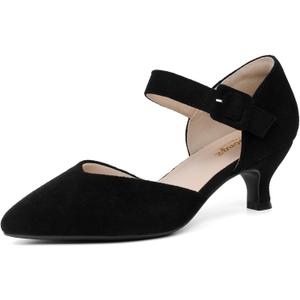 RIBONGZ Comfortable Kitten Heels for Women Pointed Closed Toe Ankle Strap Buckle Heels Slip on Low Heel Church Pumps Wedding Bridal Party Dressy Shoes (10, Black)