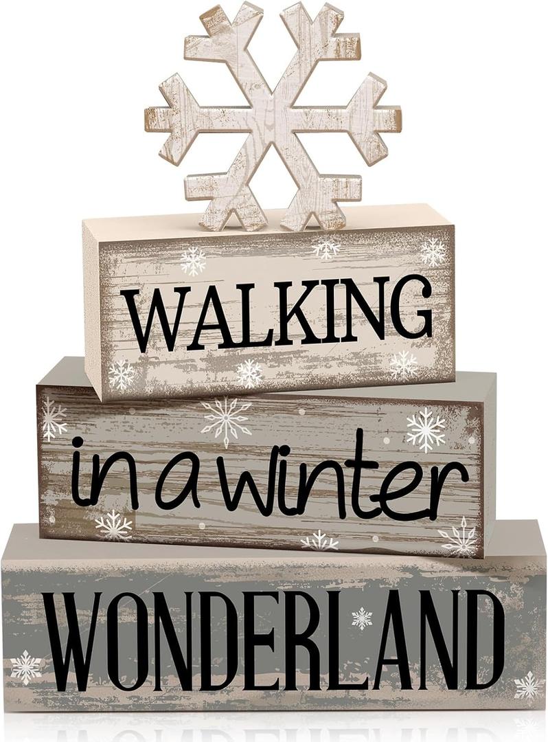 4 Pcs Winter Table Decorations Wooden Snowflake Decor Winter Tiered Snow Tray Decor Rustic Block Signs Gift Farmhouse Christmas Centerpiece for Wonderland Party Kitchen Shelf Home