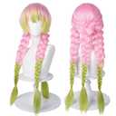 SL Mitsuri Cosplay Wig for DS, Long Pink Green Braid Wig Anime Hair Pigtails Wigs with Cap for Halloween Costume Party