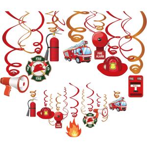 Kristin Paradise 30Ct Fire Truck Hanging Swirl Decorations, Firefighter Party Supplies, Fireman Birthday Theme Decor for Girl Boy Baby Shower, Firetruck Kids 1st Bday Favors