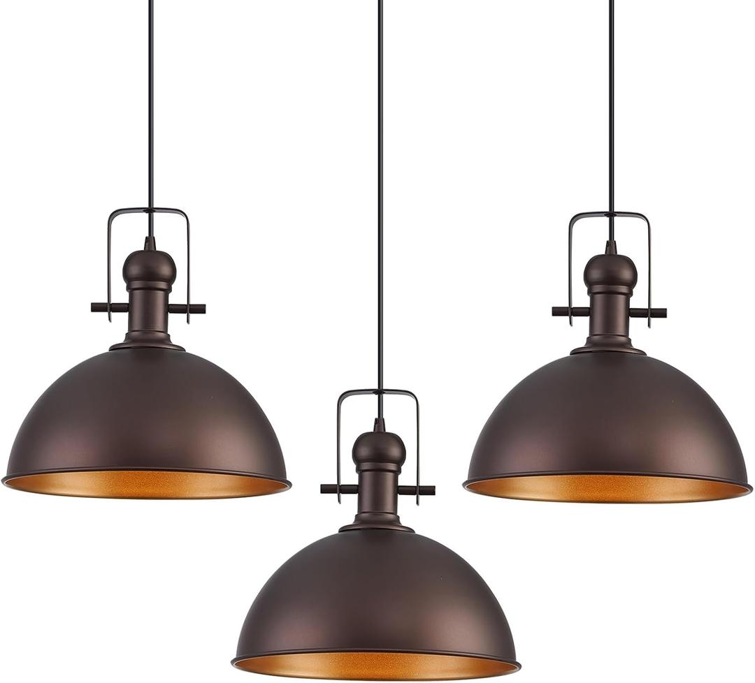 12 Inch Oil Rubbed Bronze Farmhouse Pendant Lights Large Pendant Lights for Kitchen Island Industrial Adjustable Height Vintage Big Dome Hanging Light Fixtures for Barn, Dining Room 3 Packs
