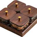 Square Glass Snackle Box Container Snack Organizer and Fruit Platter with Walnut Wooden Lids and Tray Divided Serving Tray for Nuts Candy Fruits (4 Jars)