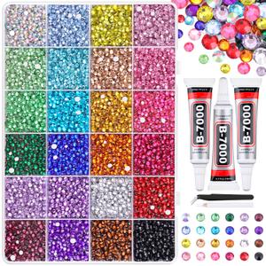 22000Pcs Resin Rhinestones for Bedazzling with Tweezers, Multicolor 2/3/4mm Rhinestones for Crafting with 3Pcs 10ml B7000 Jewelry Glue for DIY Crafts Clothing Tumblers Shoes Fabric Nail Art