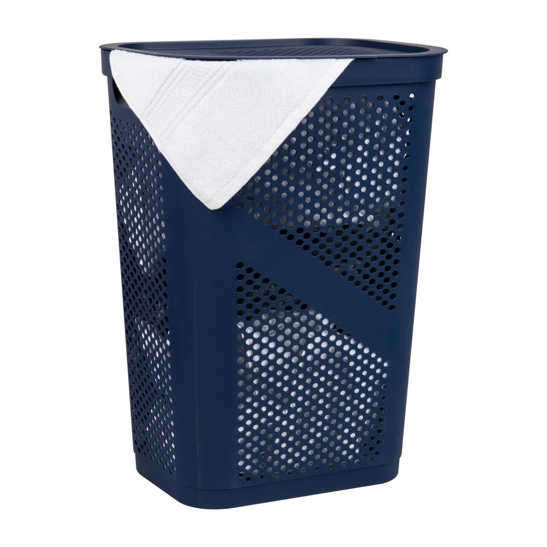 Mind Reader Slim Laundry Hamper with Lid, 60L Clothes Basket, Ventilated Plastic, Navy