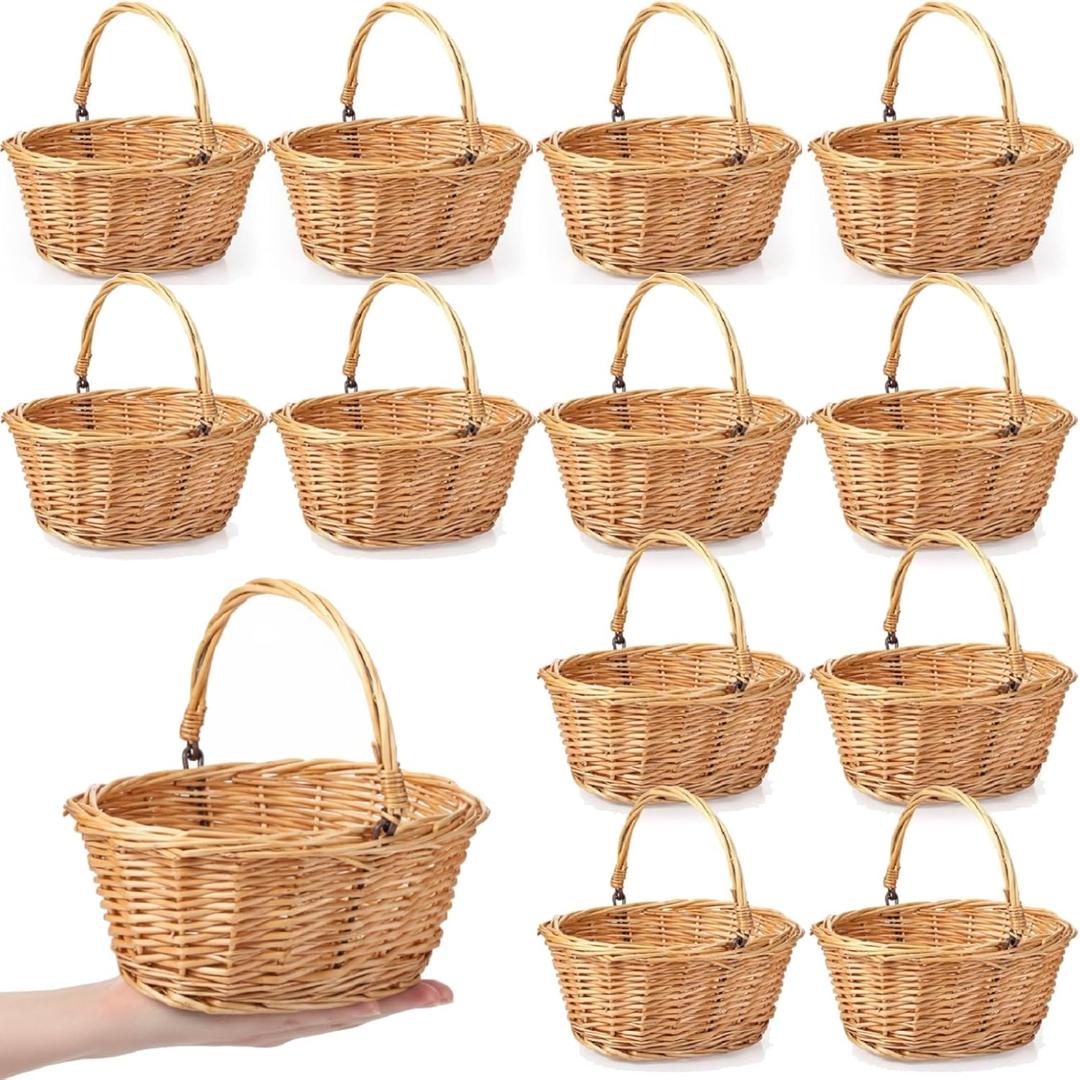 Barydat Small Wicker Basket with Handle Flower Girl Baskets Oval Willow Woven Braided Gift Basket for Weddings Picnic Baby Shower Home Garden Decor(12 Pcs,Khaki,9" x 7" x 4")