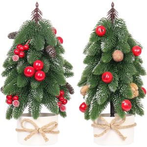 2PCS Small Christmas Tree, Artificial Red Berry Pinecone Mini Tabletop Christmas Tree Decorations, for Wedding Holiday Indoor Xmas Party Decor
