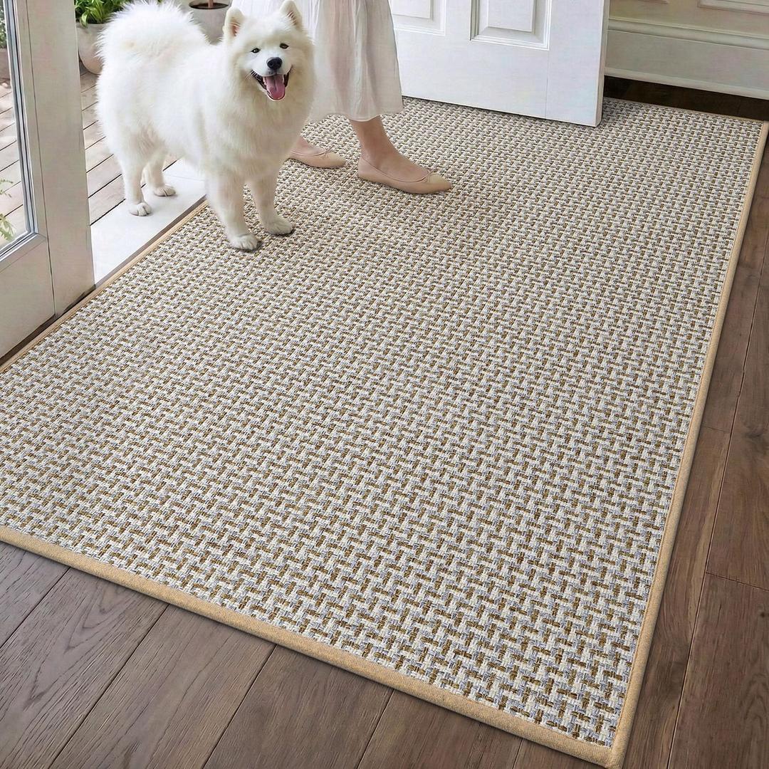 DEXI Ultra Thin Door Mat Indoor Entrance 32x48, Non Slip Rubber Backed Entryway Mats Dirt Trapper, Low Profile Front Doormat for Inside Entry, Patio, Porch, Beige and White