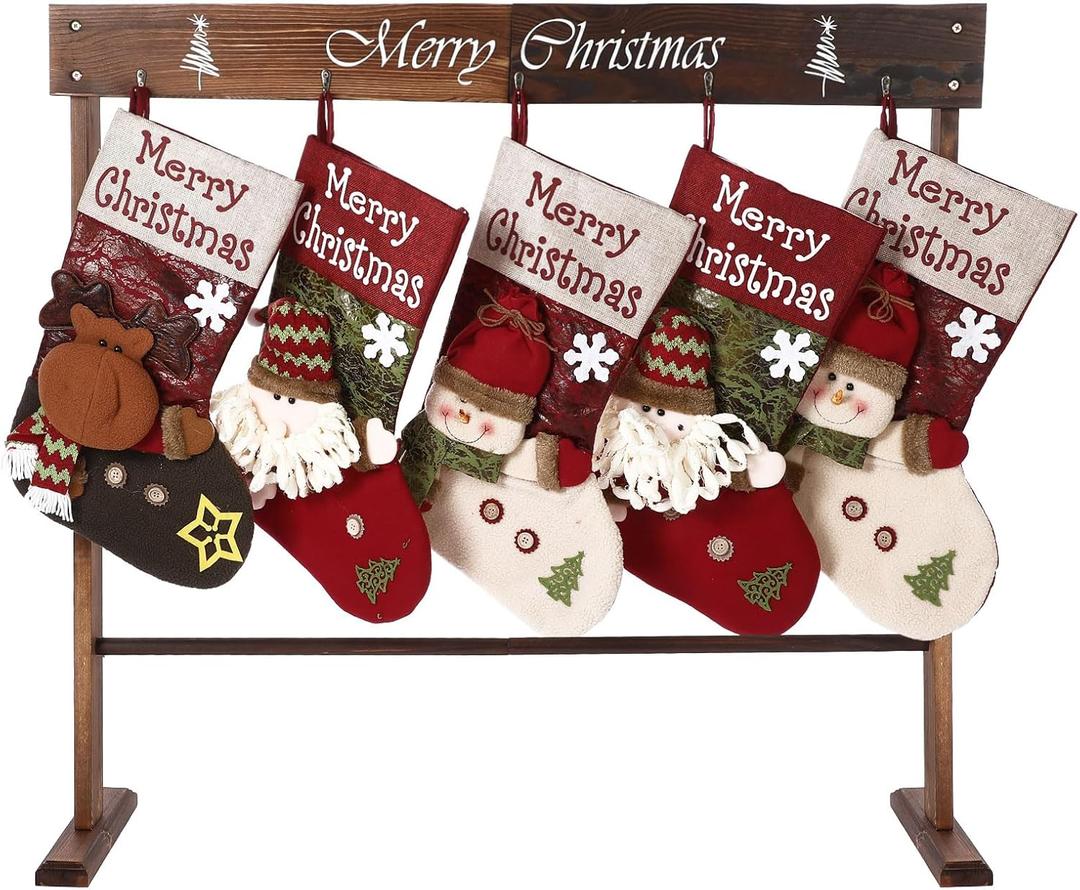 Wooden Christmas Stocking Holder Stand with 5 Hooks, 39.4 x 37.4 Inches Heavy Duty Freestanding Christmas Stocking Hanger Display for Floor Home Living Room Farmhouse