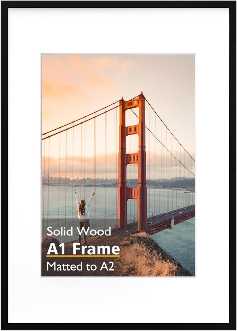 KINLINK A1 Picture Frame, Black Solid Wood Frame with Acrylic Plexiglass for Pictures A2 with Mat or A1 without Mat, Wall Mounting Display Photo Frame 1 Pack