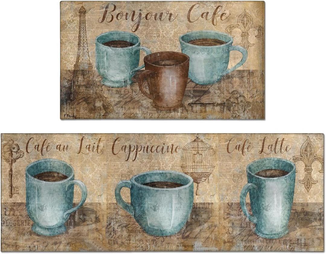 Coffee Kitchen Rug Sets of 2 Piece Non Slip Kitchen Rugs and Mats Washable Kitchen Mats for Kitchen Floor Mat Carpet Runner Rugs for Hallway Laundry Decor 17x30+17'' X 47''
