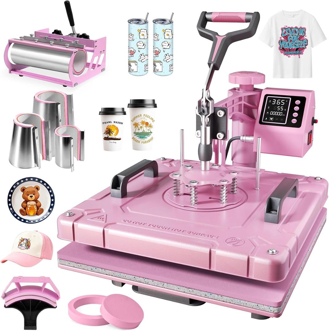 Seeutek 8 in 1 Heat Press Machine 15x15 Inch, Swing Away Digital Sublimation Heat Transfer Press with 20oz & 30oz Tumbler Attachments for T-Shirts, Mugs, Hats & Plates, Pink