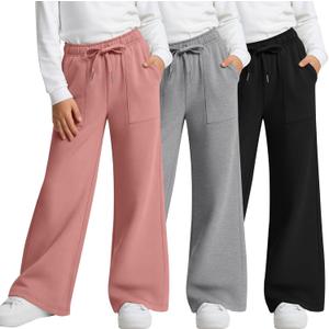LessonZoo 3 Pack Girls' Sweatpants Wide Leg Drawstring Cargo Kids Joggers Open Bottom Loose Teen Pants with Pockets Sports (Large, Coral Pink, Light Gray, Black)