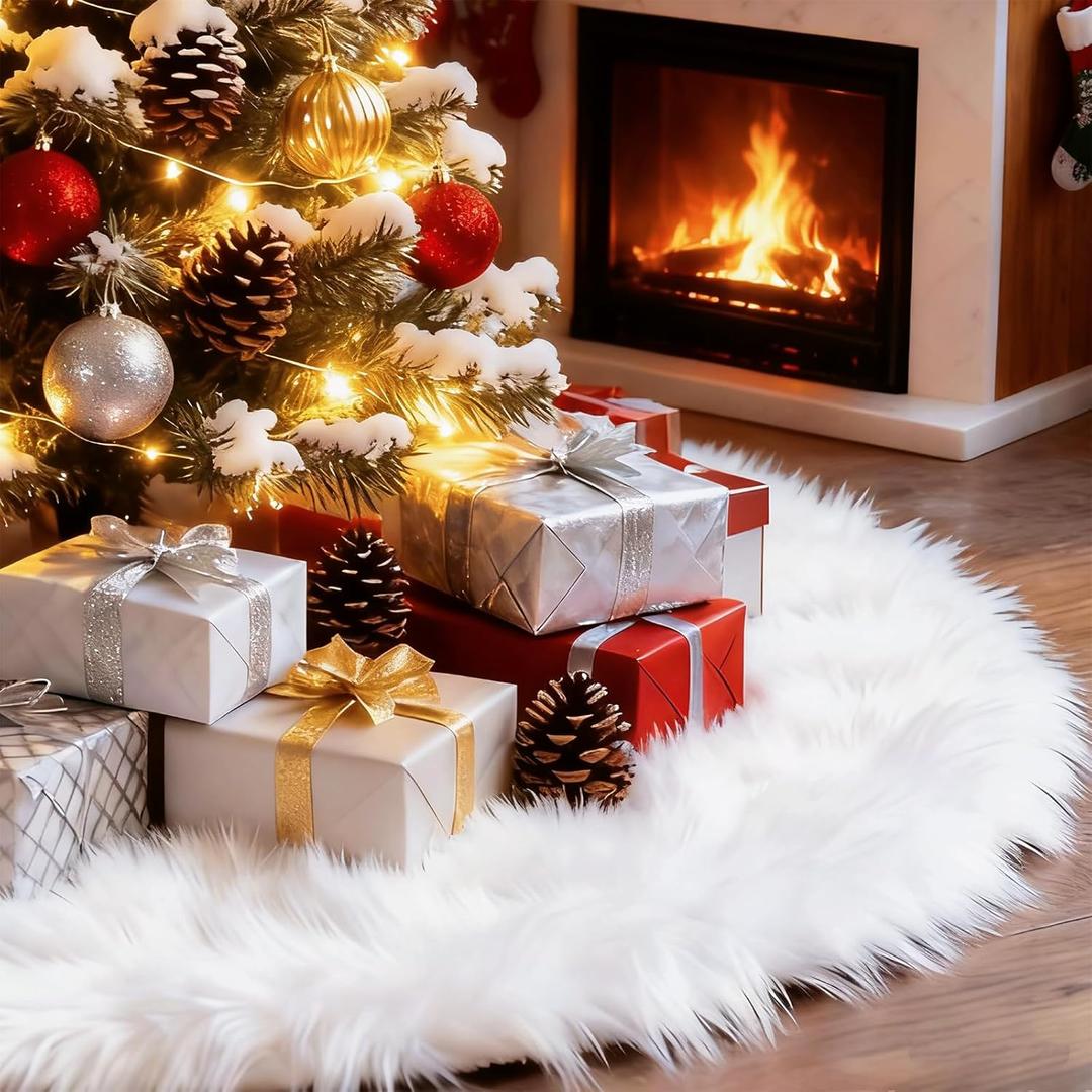 Christmas Tree Skirt 60 Inch White - Fluffy Faux Fur Christmas Tree Mat & Decoration for Indoor Outdoor Use