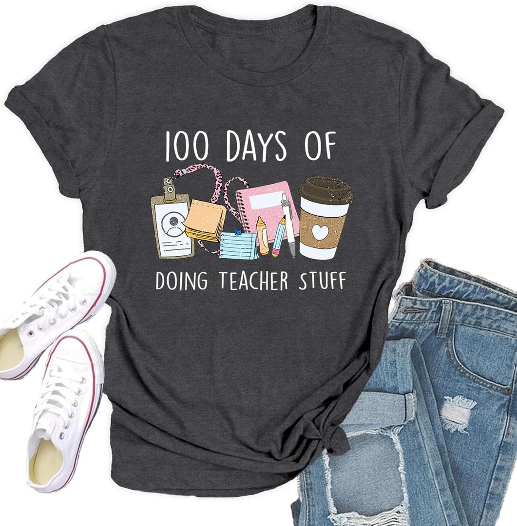 100 Days of School Shirt for Women 100th Day of School Tshirts Teacher Tee Top (X-Large, Grey)