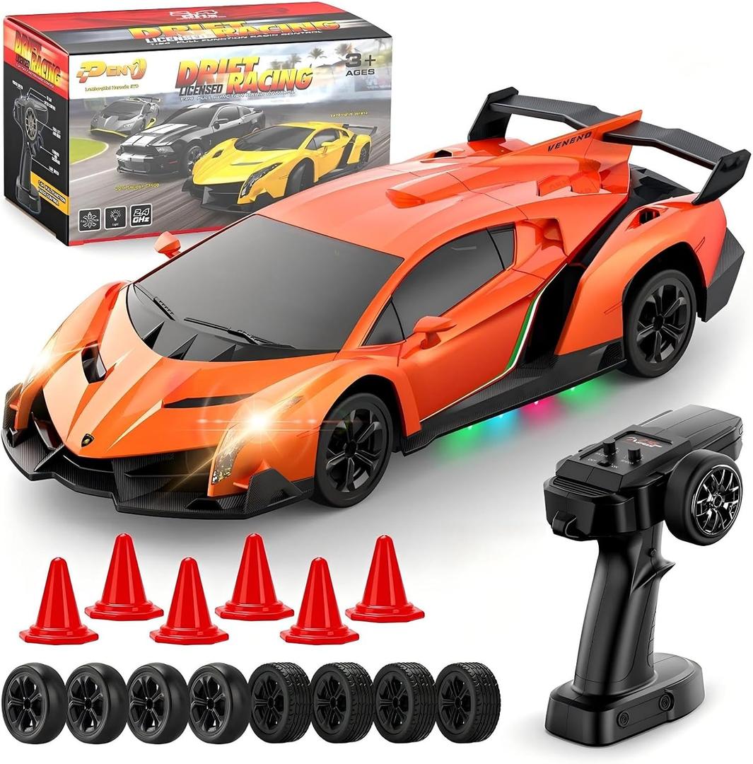 Lamborghini Remote Control Car Toy, Officially Licensed RC Drift Car 15Km/h with Underglow & Headlights, 1:24 Scale 2.4GHz, RC Gift Toy for Boys & Girls Ages 3-12 & Adults, Standard