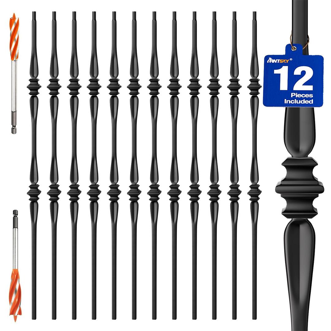 Wrought Iron Hollow Balusters - Deck Spindles Stair Railing indoor,Stair Double Spoon Knuckle Hollow Iron Baluster stair spindles, for staircase interior, Includes 2 Drill Bits for Wood(12 Pack Black)
