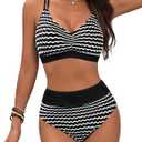 Blooming Jelly Womens High Waisted Bikini Sets Striped Tummy Control Swimsuits Color Block Two Piece Bathing Suit (Black, S)