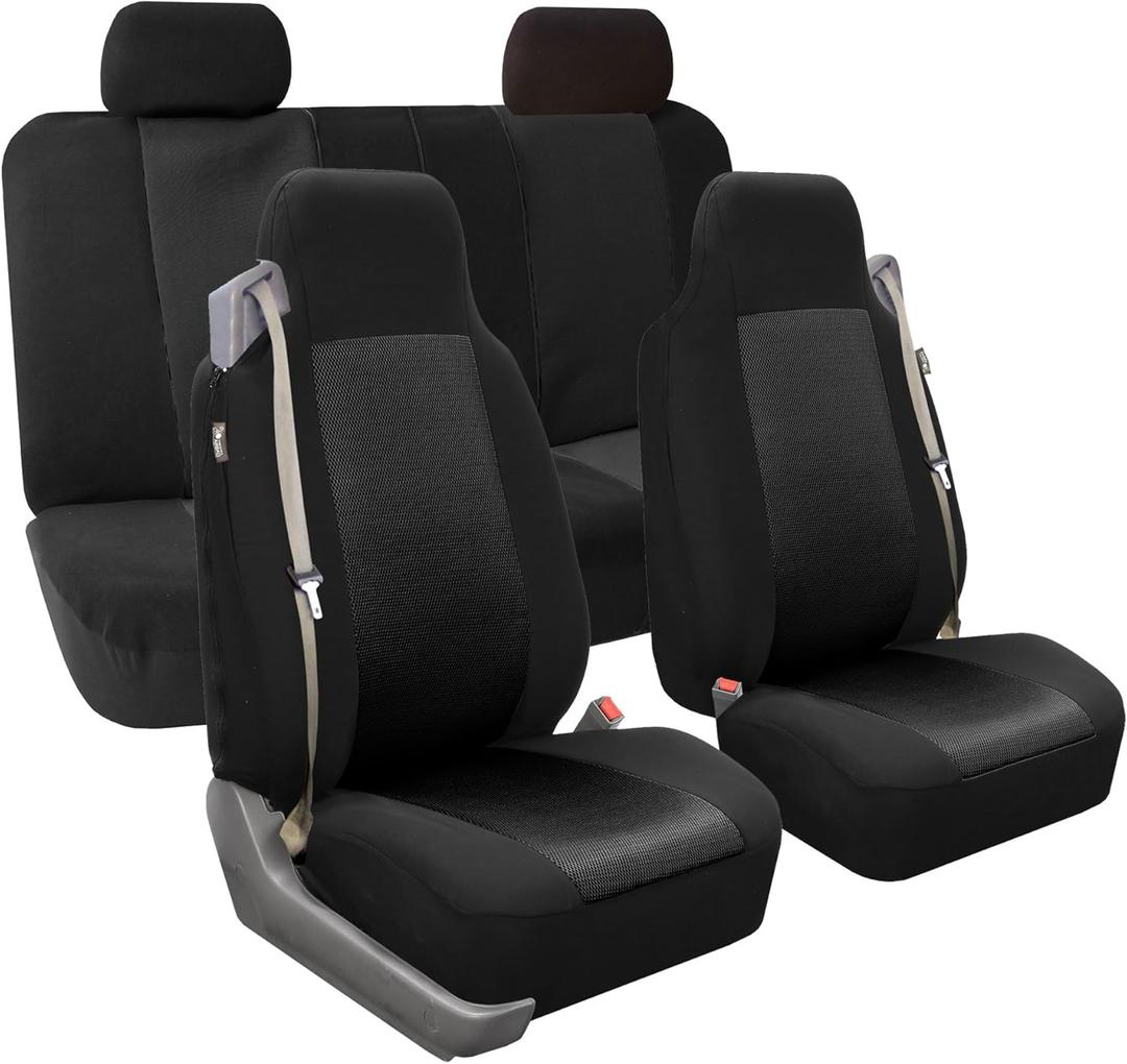 FH Group Full Set Built-in Seatbelt Classic Cloth Car Seat Covers - Universal Fit, Washable Car Seat Cover for SUV, Sedan, Van Black
