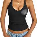 EasyGala Womens Built in Shelf Bra Racerback Tank Tops Padded Ribbed Halter Strap T Shirts Slim Fitted Sexy V Neck Tee, Black, Large