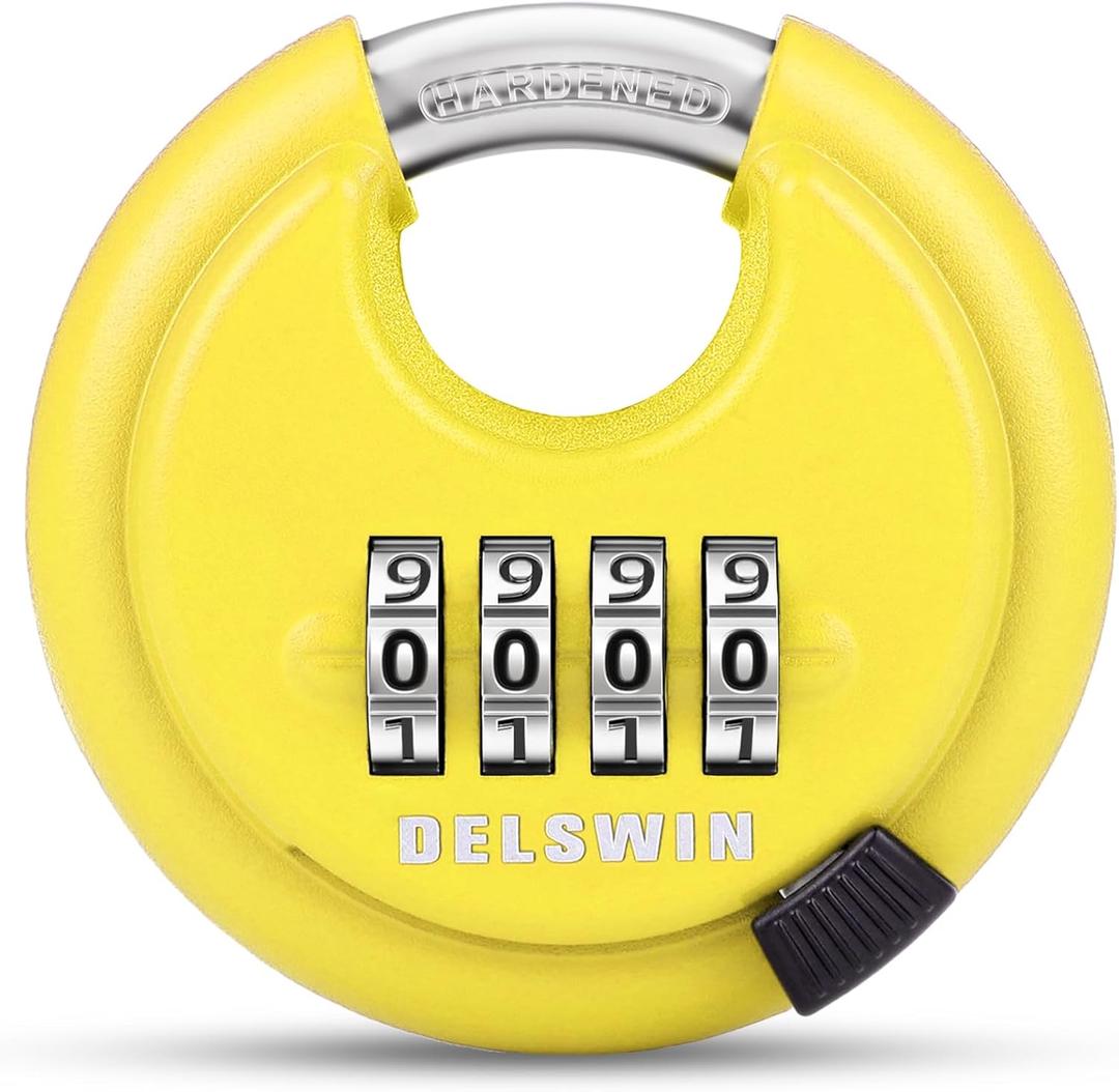 DELSWIN 4 Digit Combination Disc Padlock with Hardened Steel Shackle Combo Lock for Sheds, Storage Unit, School Gym Locker and Fence (Yellow,1Pcs)