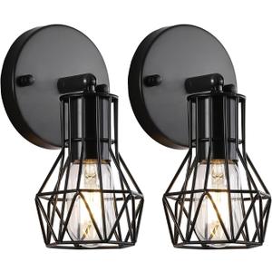 Industrial Wall Sconces Set of Two, Small Farmhouse Wire Cage Wall Lighting Sconce, Wall Lights for Living Room Bedroom Bathroom Hallway