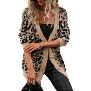 SOLY HUX Women's Leopard Print Cardigan Sweaters Button Down V Neck Long Sleeve Fuzzy Cardigans (Large)