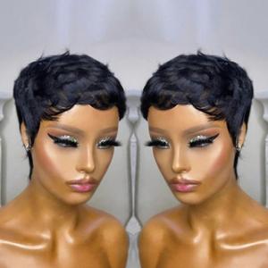 Short Pixie Cut Wigs for Black Women Human Hair Glue less pixie Layered None Lace Front Wig with Bangs Natural Straight Full Machine Made 1B color