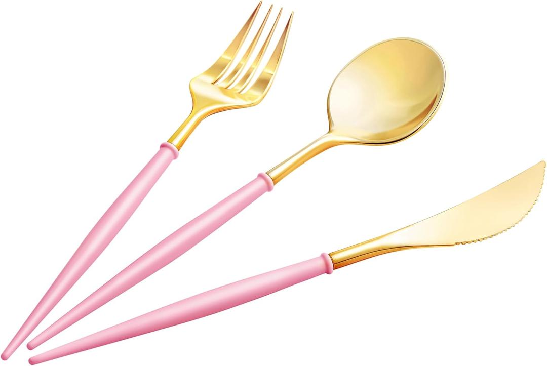 Lullaby 90PCS Gold Plastic Silverware, Gold Disposable Cutlery with Pink Handle Include 30 Forks, 30 Spoons, 30 Knives, Elegant Disposable Silverware for Wedding, Party and Mother's Day