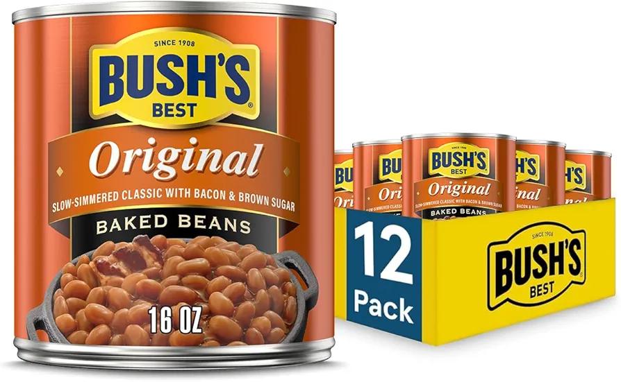 BUSH'S BEST 16 oz Canned Original Baked Beans, Source of Plant Based Protein and Fiber, Low Fat, Gluten Free, (Pack of 12), Best By: 07/2027