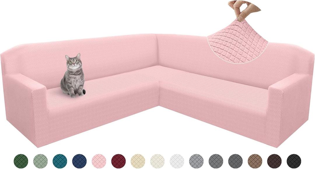 Arfntevss L Shape Sectional Sofa Covers Corner Sectional Couch Cover for Dog Pet Cat Stretch Fitted U Shaped Sofa Slipcovers Soft Washable Thickened Jacquard Fleece Furniture Protector (Pink, Large)