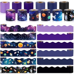 Qilery 12 Rolls 394 ft Border for Bulletin Board Classroom Decoration, Space Planet Combination Scalloped Bulletin Board Border for School Classroom Office Chalkboard Whiteboard Poster Decor