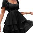 Florboom Women's Sweetheart Neckline Chiffon Dress Boho Smocked Tiered Flutter Sleeve Layered Mini Dresses (S)