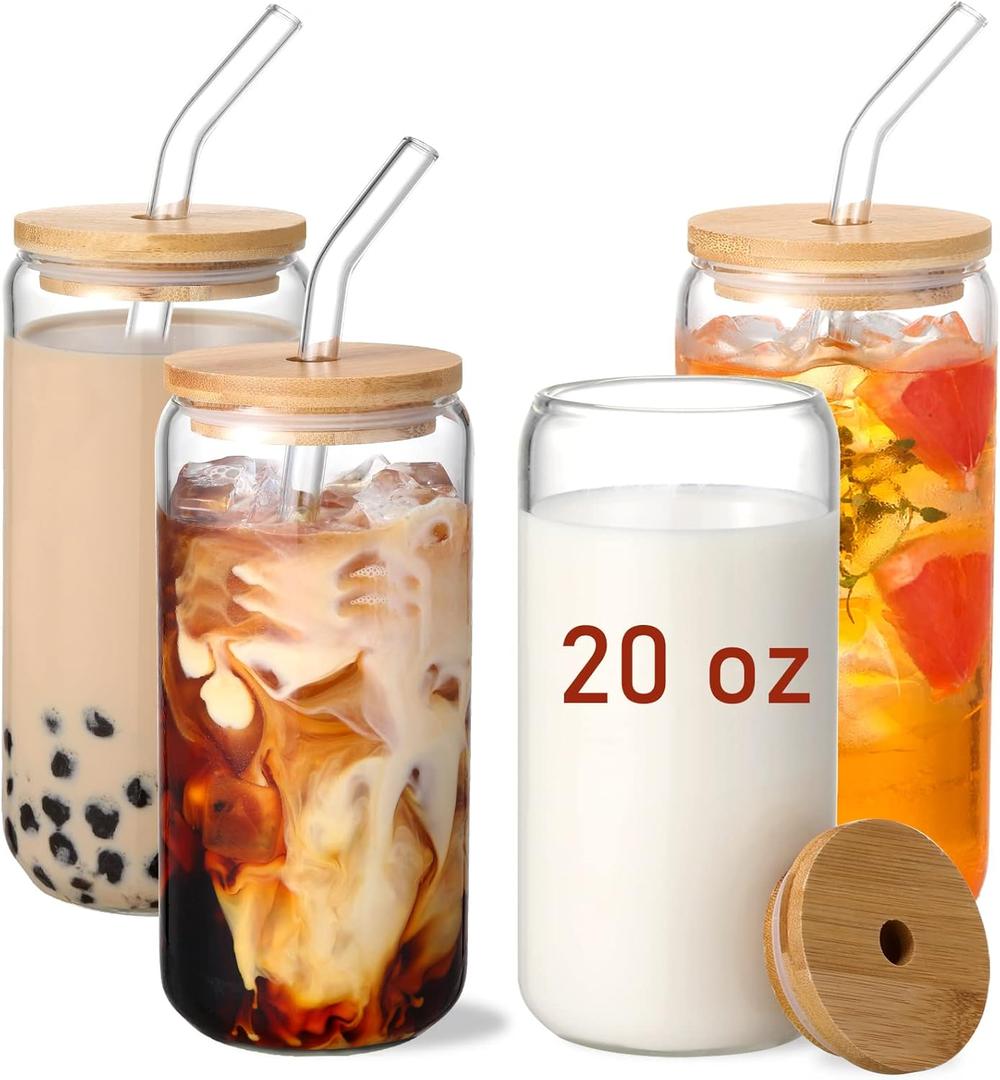 VITEVER 20 OZ Glass Cups with Bamboo Lids and Glass Straw - Beer Shaped Drinking Glasses Set, Iced Coffee Glasses, Cute Tumbler Cup, Aesthetic Coffee Bar Accessories, Gift - 4 Pack